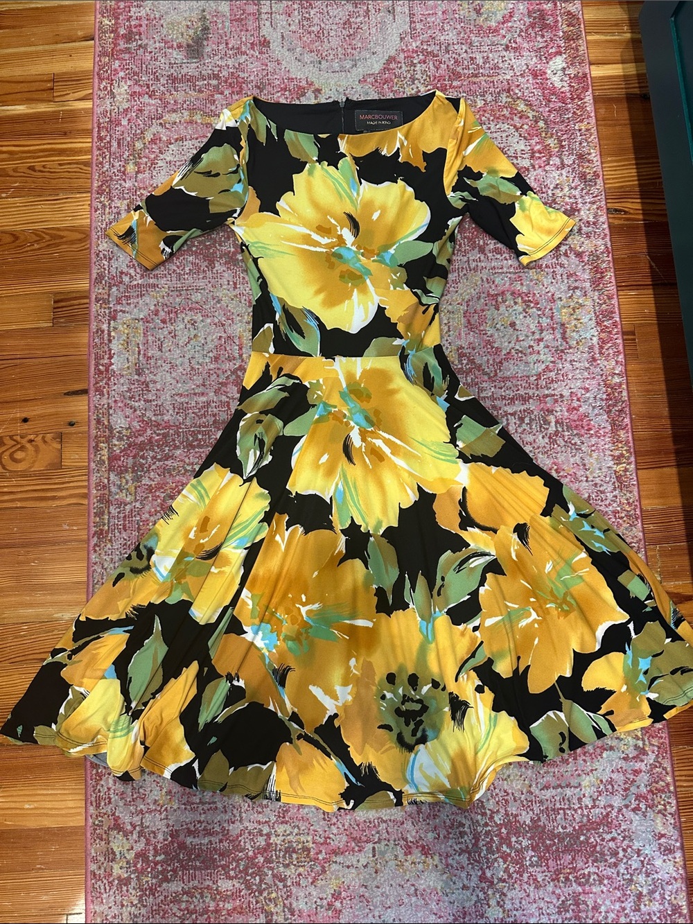 Black & Yellow Floral Fit-and-Flare Midi Dress by JAX